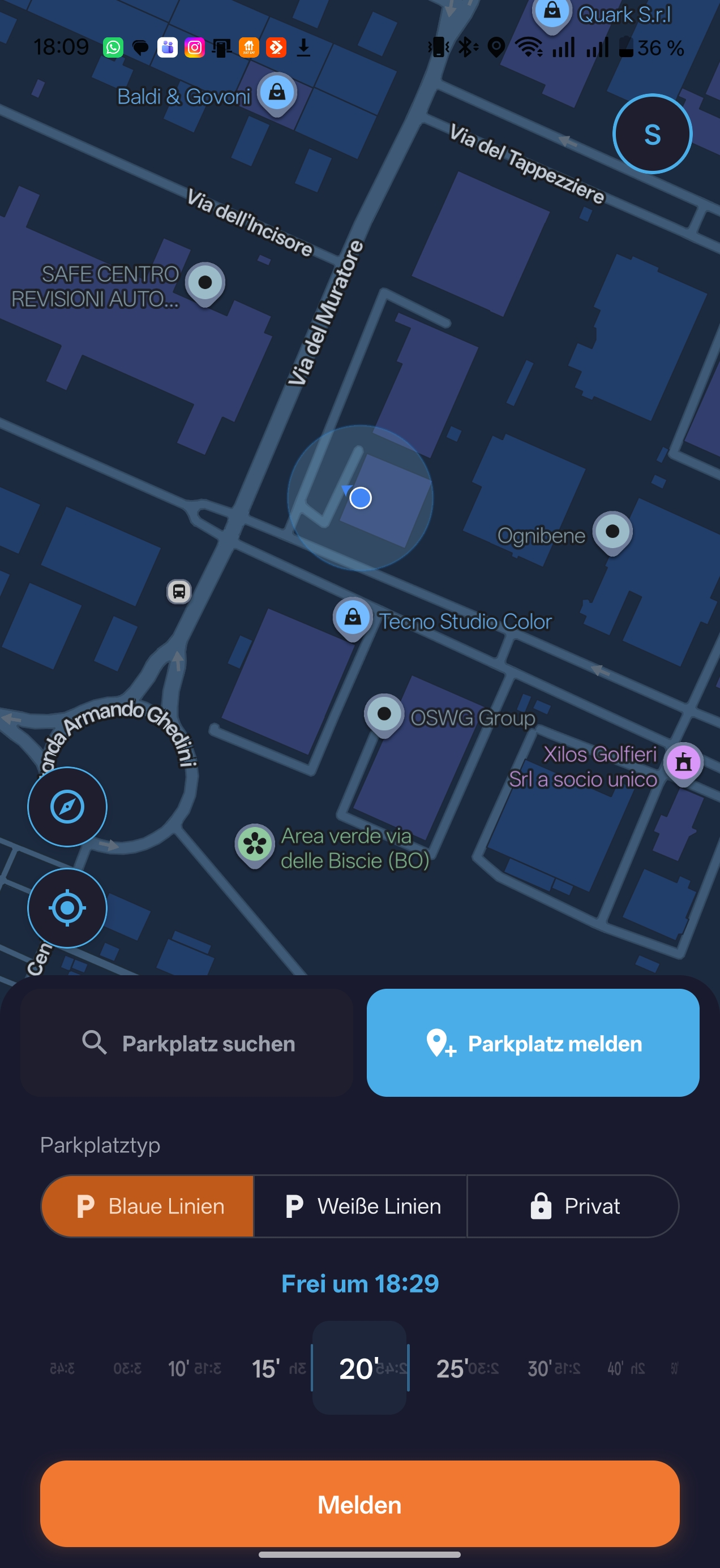 Bildschirm der Trippy-App: Meldung eines frei werdenden Parkplatzes