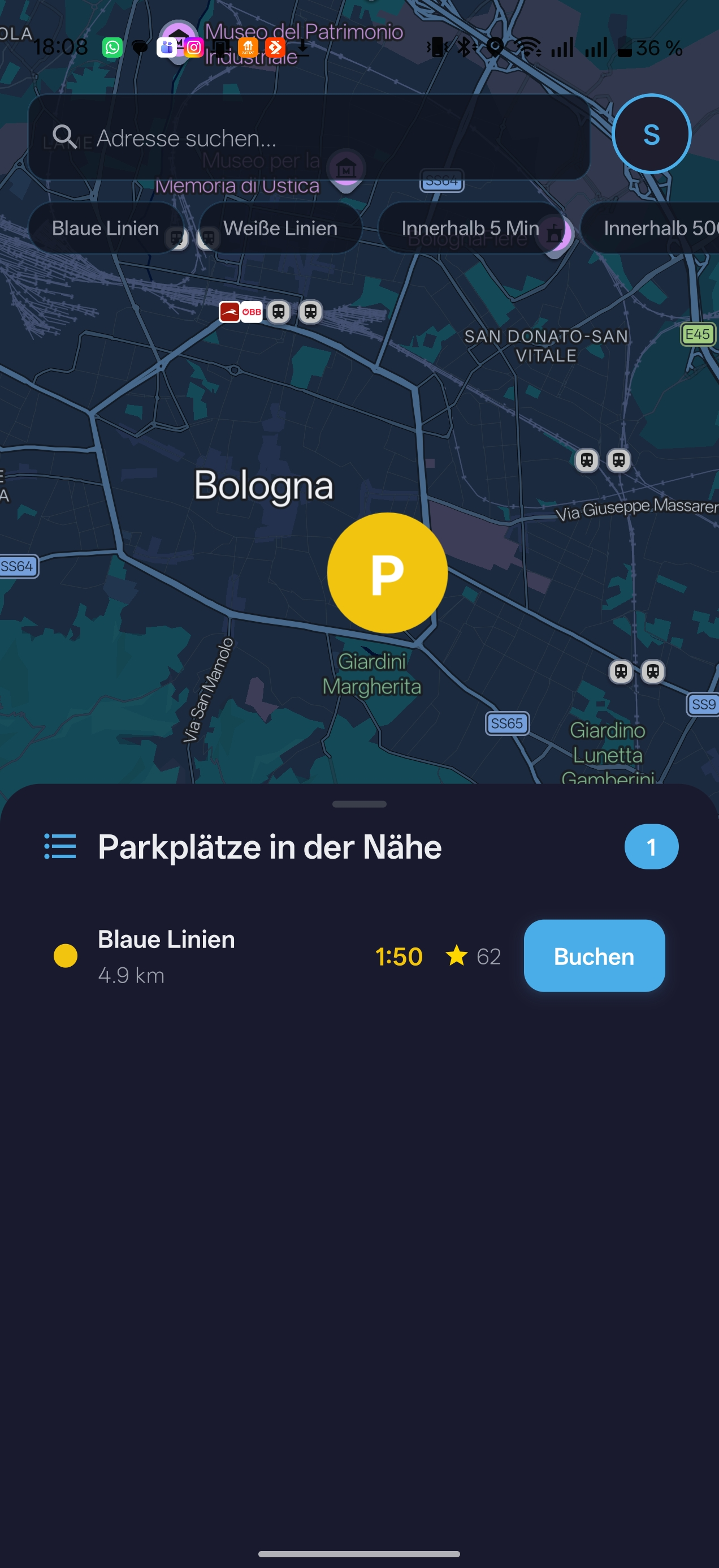 Bildschirm der Karte mit den verfügbaren Parkplätzen
