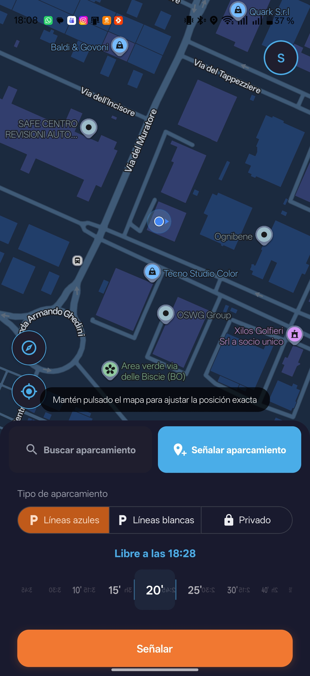 Pantalla de aviso del aparcamiento