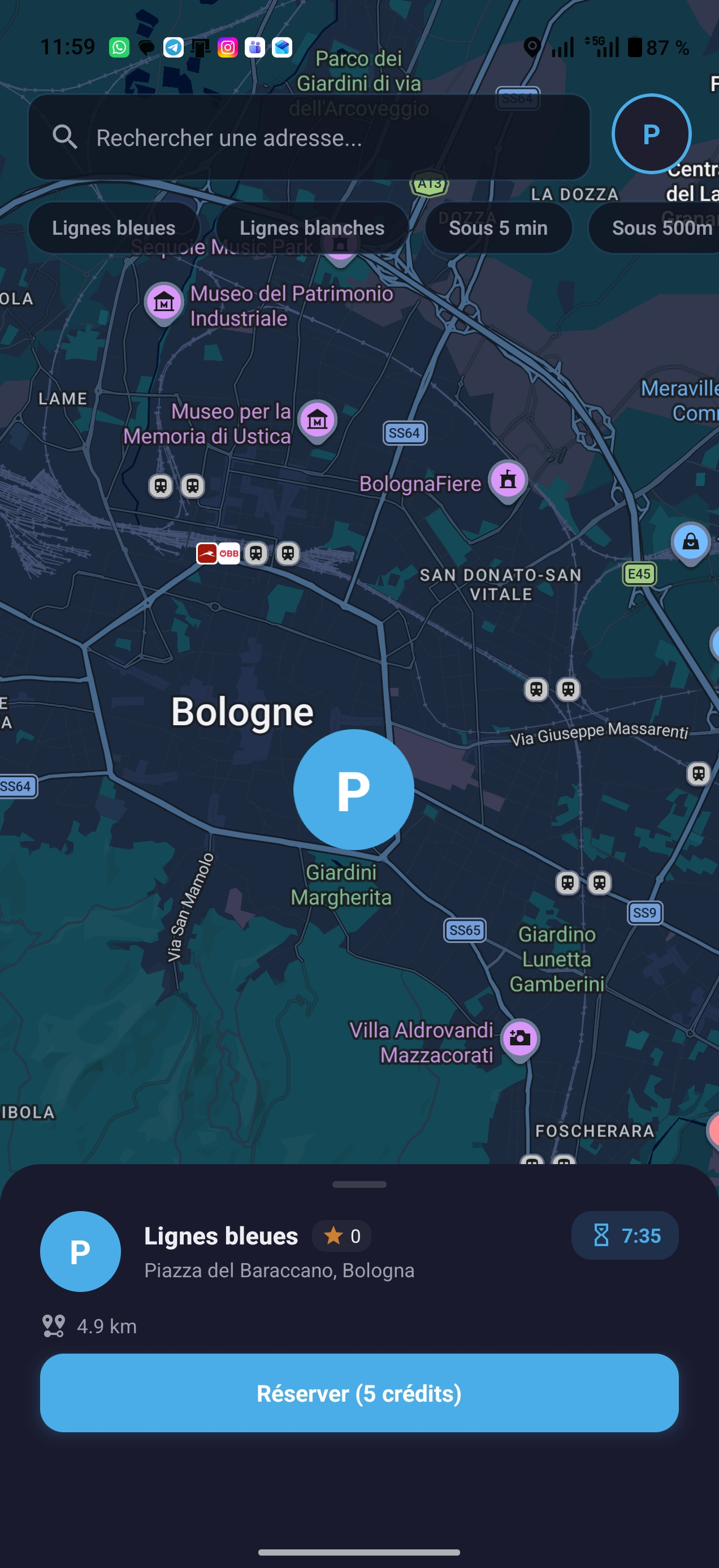 Écran de réservation de la place de parking