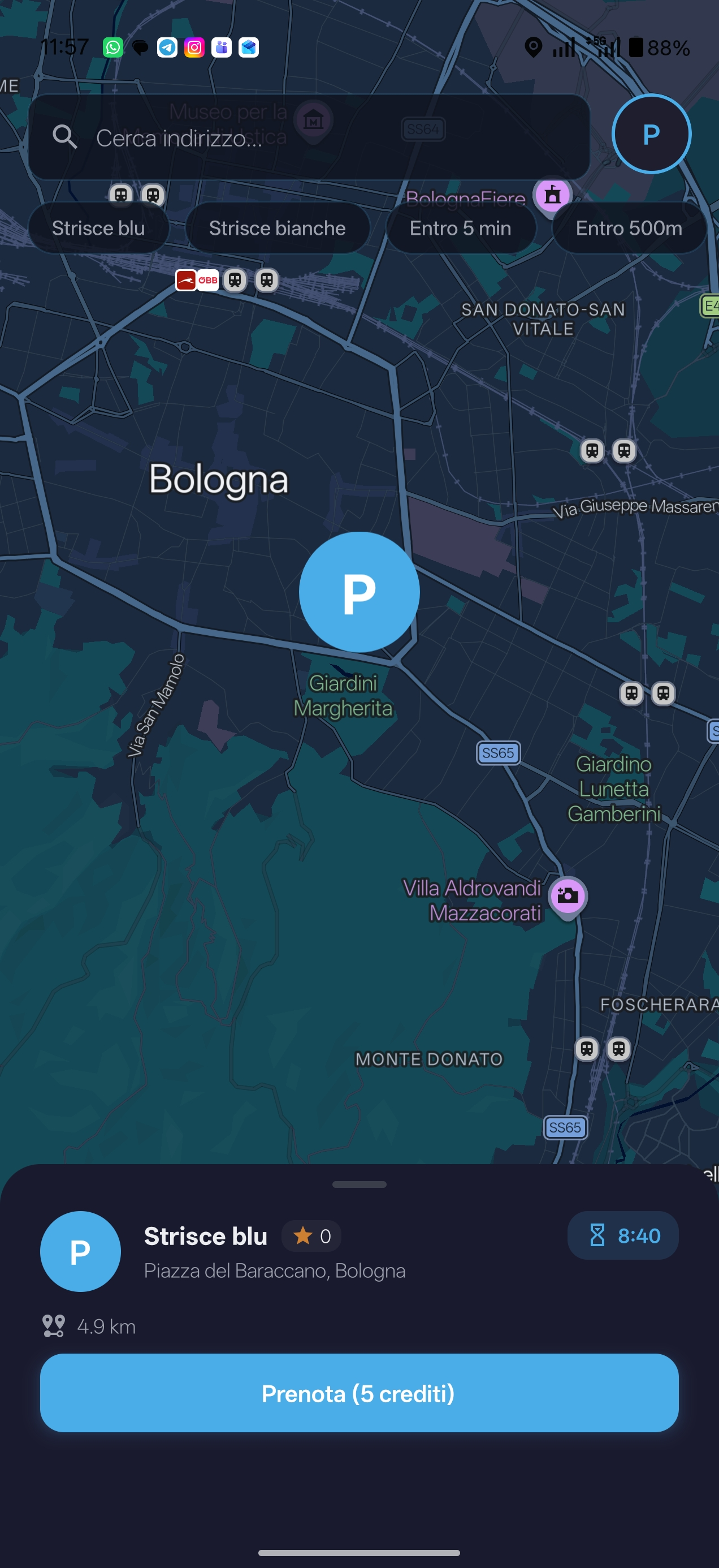 Schermata di prenotazione del parcheggio